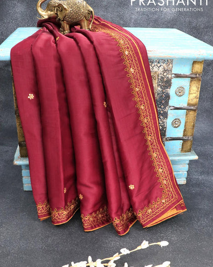 Semi satin silk saree maroon and with mirror embroidery and cut work border - {{ collection.title }} by Prashanti Sarees
