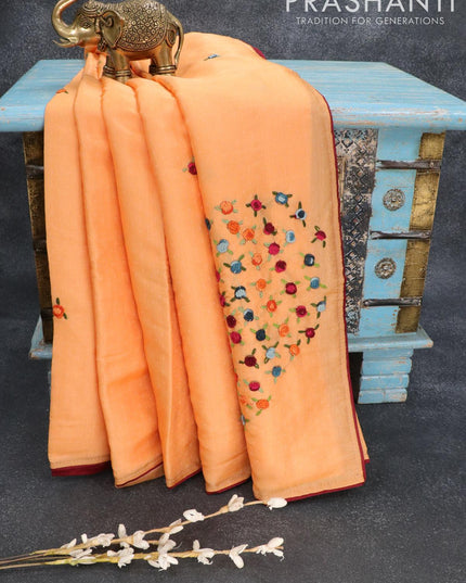 Semi satin silk saree mild orange and with floral embroidery work and embroided blouse - {{ collection.title }} by Prashanti Sarees