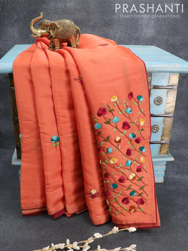Semi satin silk saree orange and with floral embroidery work and embroided blouse - {{ collection.title }} by Prashanti Sarees