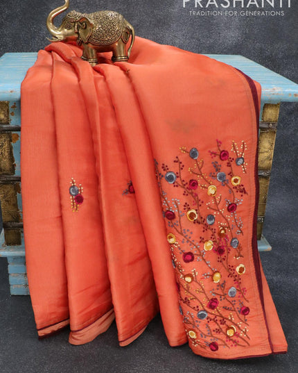 Semi satin silk saree orange and with floral embroidery work and embroided blouse - {{ collection.title }} by Prashanti Sarees
