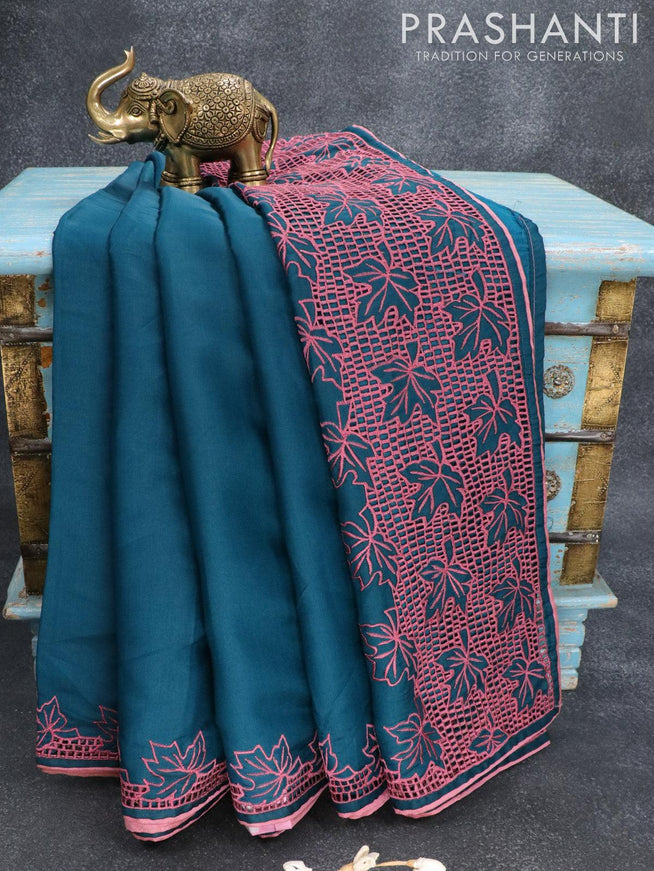 Semi satin silk saree peacock blue and with embroidery and cut work - {{ collection.title }} by Prashanti Sarees