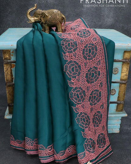 Semi satin silk saree peacock blue and with floral embroidery work and embroided blouse - {{ collection.title }} by Prashanti Sarees