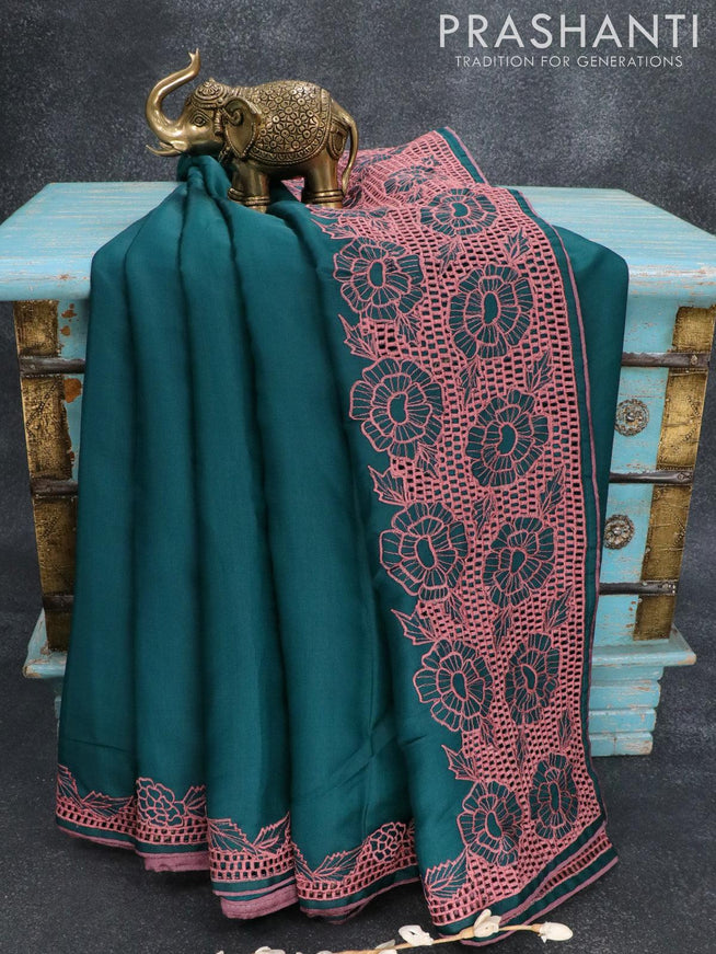 Semi satin silk saree peacock blue and with floral embroidery work and embroided blouse - {{ collection.title }} by Prashanti Sarees