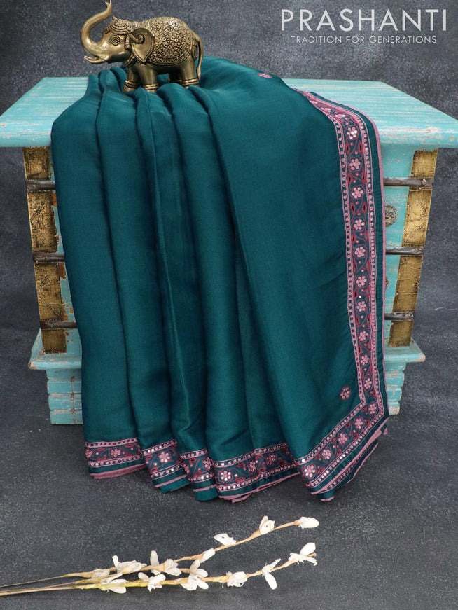 Semi satin silk saree peacock blue and with mirror embroidery and cut work border - {{ collection.title }} by Prashanti Sarees