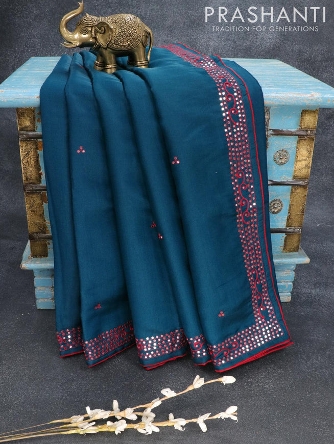 Semi satin silk saree peacock blue and with mirror embroidery work - {{ collection.title }} by Prashanti Sarees