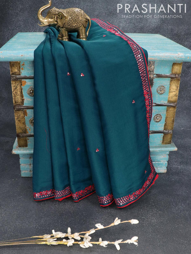 Semi satin silk saree peacock blue and with mirror embroidery work - {{ collection.title }} by Prashanti Sarees