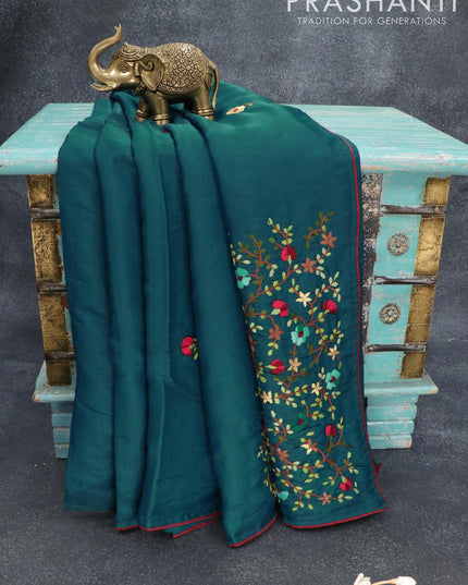 Semi satin silk saree peacock green and with floral embroidery work and embroided blouse - {{ collection.title }} by Prashanti Sarees