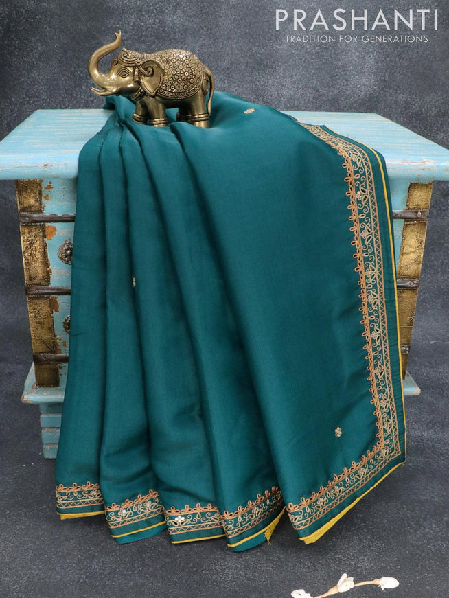 Semi satin silk saree peacock green and with mirror embroidery and cut work border - {{ collection.title }} by Prashanti Sarees