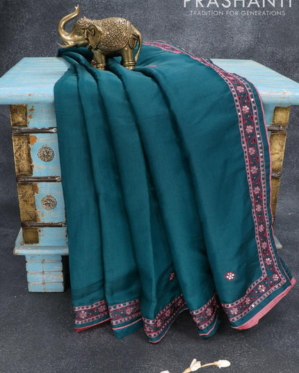 Semi satin silk saree peacock green and with mirror embroidery and cut work - {{ collection.title }} by Prashanti Sarees