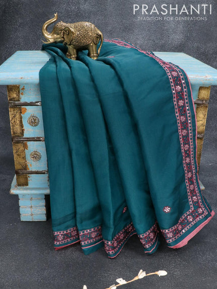 Semi satin silk saree peacock green and with mirror embroidery and cut work - {{ collection.title }} by Prashanti Sarees