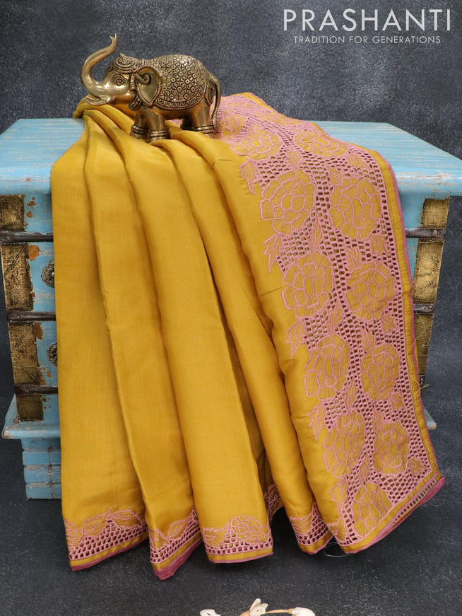 Semi satin silk saree yellow and with embroidery and cut work - {{ collection.title }} by Prashanti Sarees