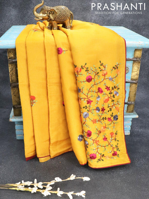 Semi satin silk saree yellow and with floral embroidery work and embroided blouse - {{ collection.title }} by Prashanti Sarees