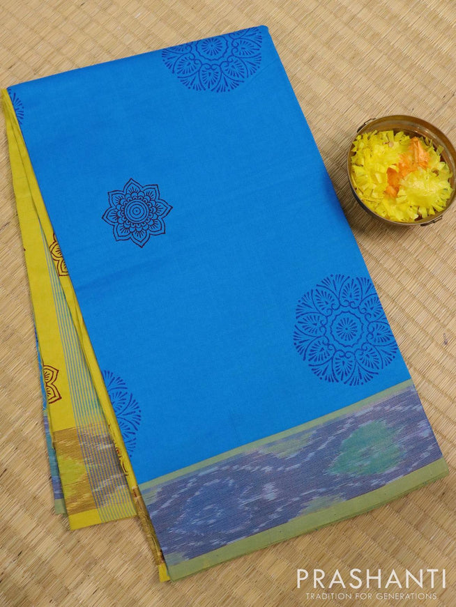 Semi silk cotton saree blue and lime yellow with butta prints and ikat woven zari border - {{ collection.title }} by Prashanti Sarees