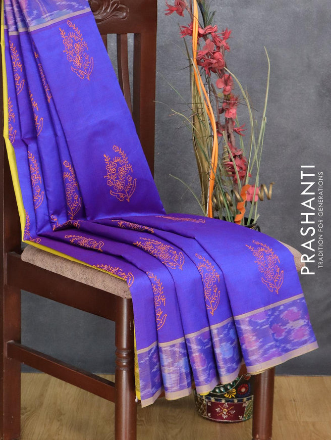 Semi silk cotton saree blue and lime yellow with butta prints and ikat zari woven border - {{ collection.title }} by Prashanti Sarees