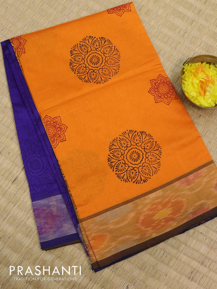 Semi silk cotton saree blue and mango yellow with butta prints and ikat woven zari border - {{ collection.title }} by Prashanti Sarees