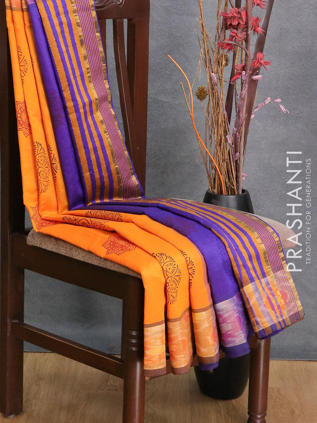 Semi silk cotton saree blue and mango yellow with butta prints and ikat woven zari border - {{ collection.title }} by Prashanti Sarees