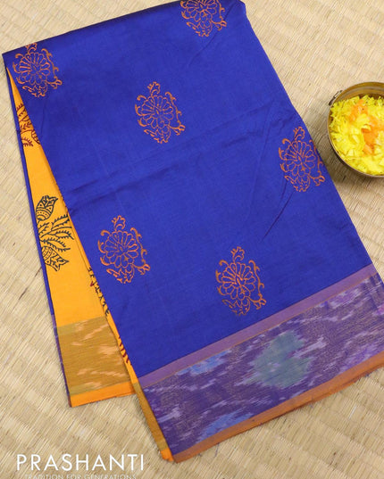 Semi silk cotton saree blue and mango yellow with butta prints and ikat zari woven border - {{ collection.title }} by Prashanti Sarees