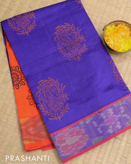 Semi silk cotton saree blue and orange with floral butta prints and ikat woven zari border - {{ collection.title }} by Prashanti Sarees