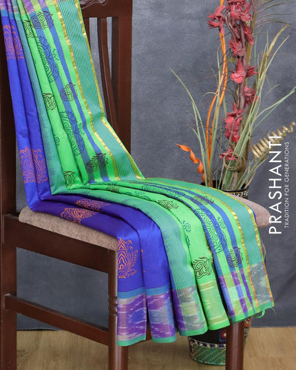 Semi silk cotton saree blue and parrot green with butta prints and ikat woven zari border - {{ collection.title }} by Prashanti Sarees