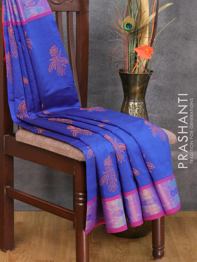 Semi silk cotton saree blue and red with butta prints and ikat woven zari border - {{ collection.title }} by Prashanti Sarees