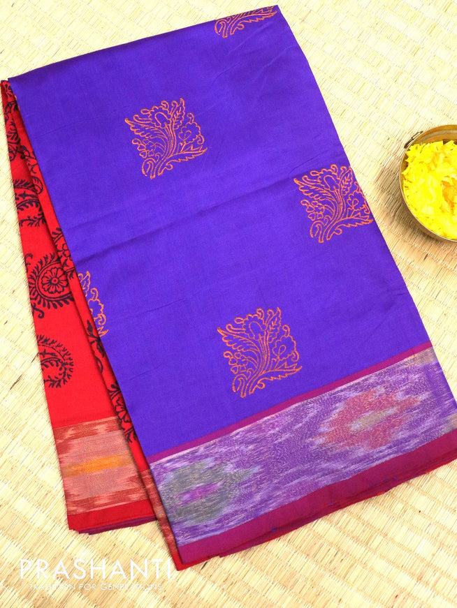 Semi silk cotton saree blue and red with butta prints and ikat zari woven border - {{ collection.title }} by Prashanti Sarees