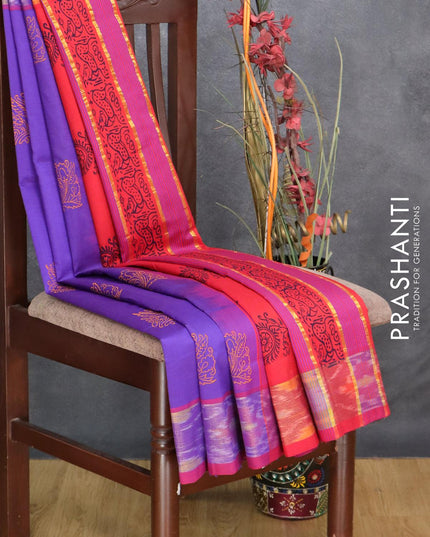 Semi silk cotton saree blue and red with butta prints and ikat zari woven border - {{ collection.title }} by Prashanti Sarees