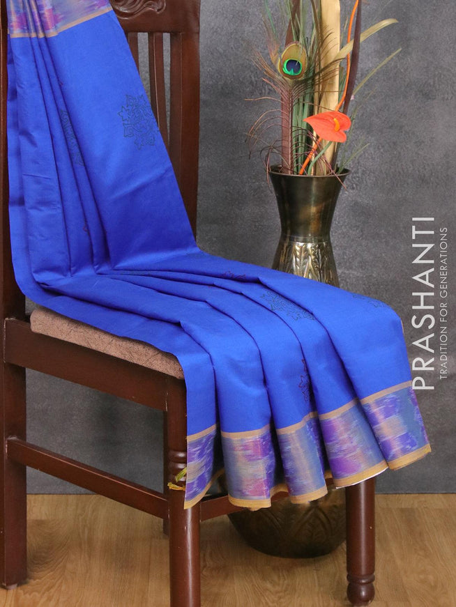 Semi silk cotton saree blue and yellow with floral butta prints and ikat woven zari border - {{ collection.title }} by Prashanti Sarees