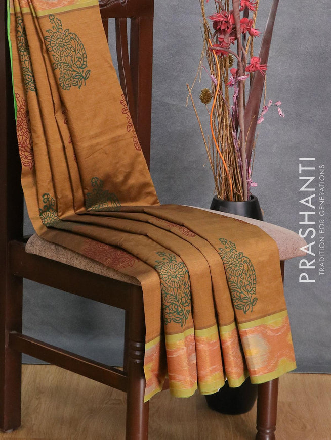 Semi silk cotton saree brown and parrot green with floral butta prints and ikat woven zari border - {{ collection.title }} by Prashanti Sarees