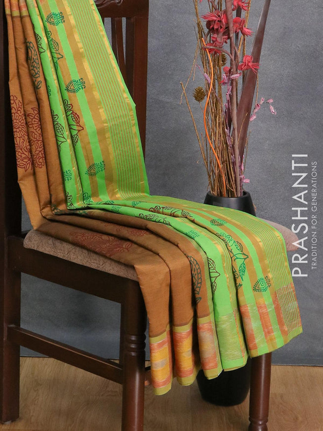 Semi silk cotton saree brown and parrot green with floral butta prints and ikat woven zari border - {{ collection.title }} by Prashanti Sarees