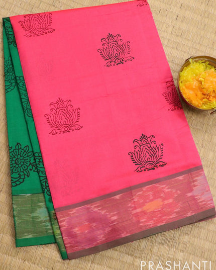 Semi silk cotton saree candy pink and green with allover butta prints and ikat zari woven border - {{ collection.title }} by Prashanti Sarees