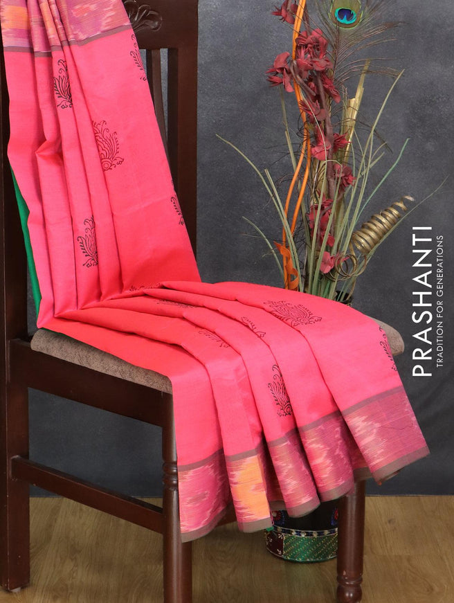 Semi silk cotton saree candy pink and green with allover butta prints and ikat zari woven border - {{ collection.title }} by Prashanti Sarees