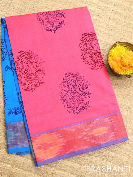 Semi silk cotton saree candy pink and light blue with allover prints and ikat zari woven border - {{ collection.title }} by Prashanti Sarees