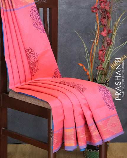 Semi silk cotton saree candy pink and light blue with allover prints and ikat zari woven border - {{ collection.title }} by Prashanti Sarees