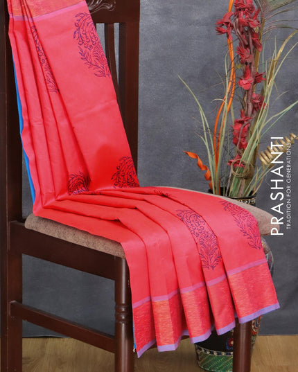 Semi silk cotton saree candy pink and light blue with butta prints and ikat woven zari border - {{ collection.title }} by Prashanti Sarees