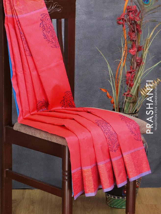 Semi silk cotton saree candy pink and light blue with butta prints and ikat woven zari border - {{ collection.title }} by Prashanti Sarees