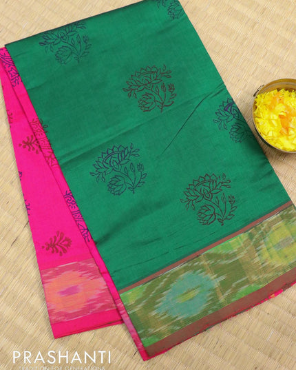 Semi silk cotton saree dark green and pink with floral butta prints and ikat woven zari border - {{ collection.title }} by Prashanti Sarees