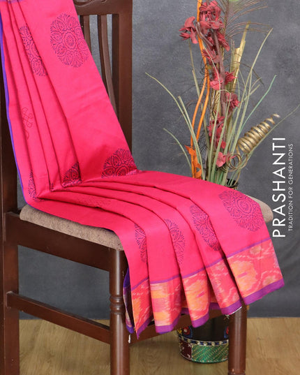 Semi silk cotton saree dark pink and blue with butta prints and ikat woven zari border - {{ collection.title }} by Prashanti Sarees