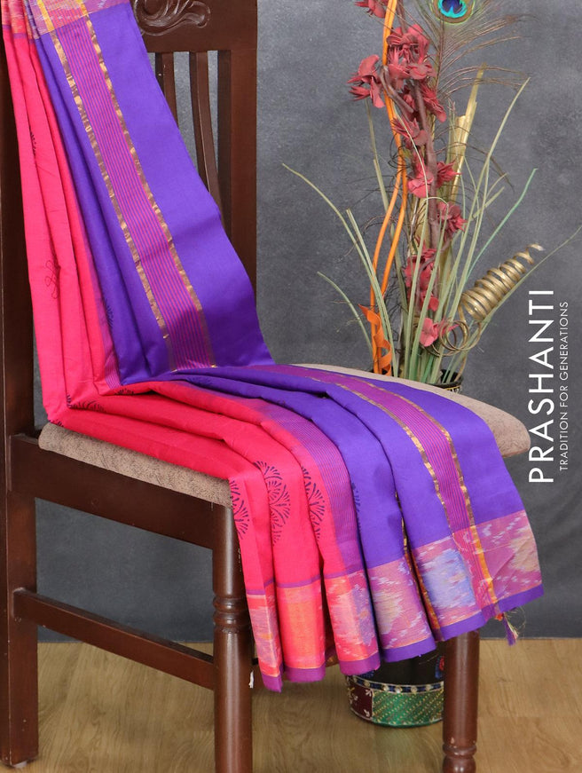 Semi silk cotton saree dark pink and blue with butta prints and ikat woven zari border - {{ collection.title }} by Prashanti Sarees