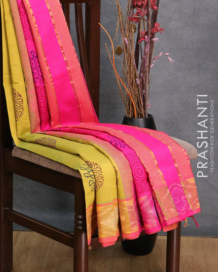 Semi silk cotton saree dual shade of yellow and pink with butta prints and ikat woven zari border - {{ collection.title }} by Prashanti Sarees
