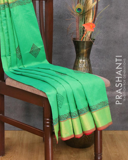 Semi silk cotton saree green and maroon with butta prints and zari woven border - {{ collection.title }} by Prashanti Sarees