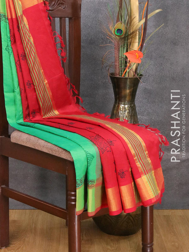 Semi silk cotton saree green and maroon with butta prints and zari woven border - {{ collection.title }} by Prashanti Sarees