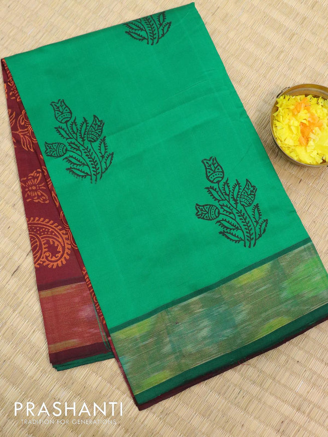 Semi silk cotton saree green and maroon with floral butta prints and ikat woven zari border - {{ collection.title }} by Prashanti Sarees