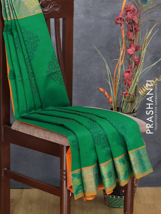 Semi silk cotton saree green and orange with butta prints and ikat woven zari border - {{ collection.title }} by Prashanti Sarees