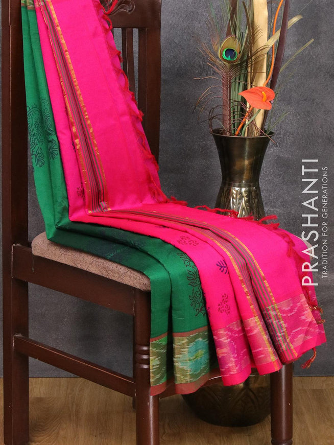 Semi silk cotton saree green and pink with butta prints and ikat woven zari border - {{ collection.title }} by Prashanti Sarees