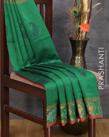 Semi silk cotton saree green and pink with floral butta prints and ikat woven zari border - {{ collection.title }} by Prashanti Sarees