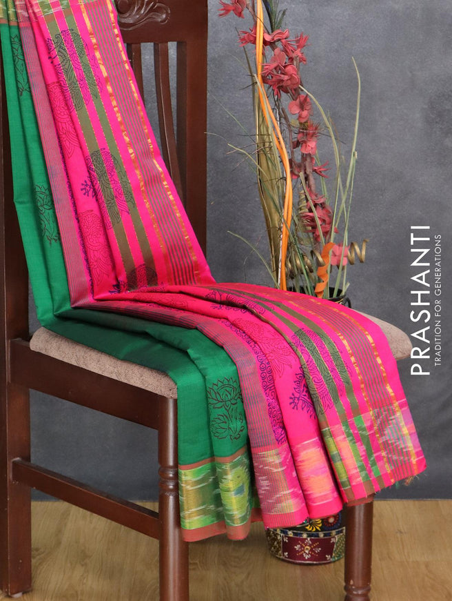 Semi silk cotton saree green and pink with floral butta prints and ikat woven zari border - {{ collection.title }} by Prashanti Sarees