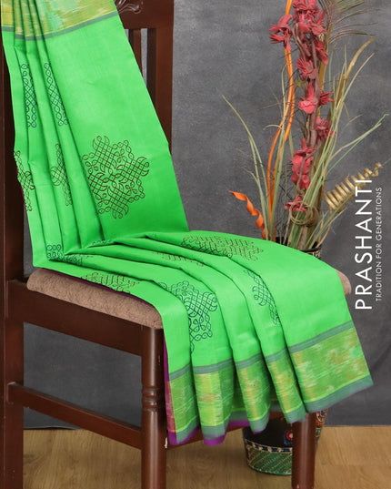 Semi silk cotton saree green and purple with butta prints and ikat woven zari border - {{ collection.title }} by Prashanti Sarees