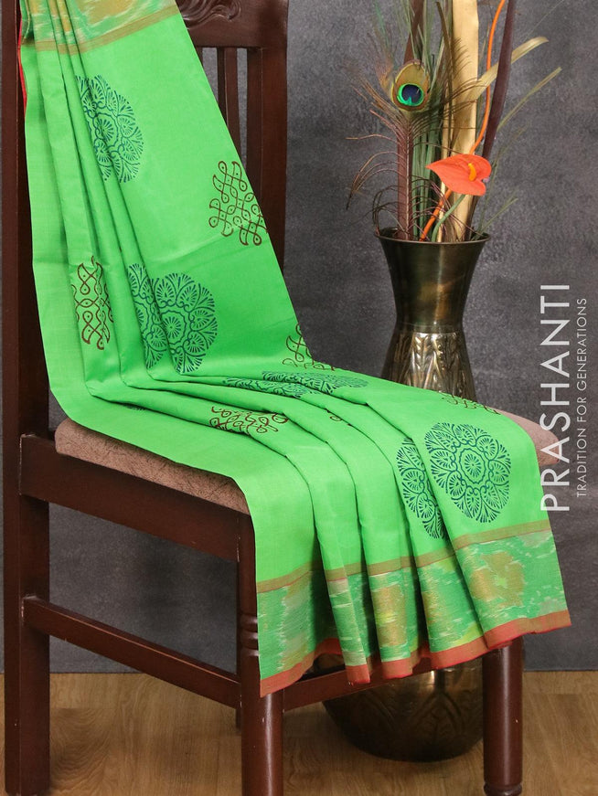 Semi silk cotton saree green and red with butta prints and ikat woven zari border - {{ collection.title }} by Prashanti Sarees