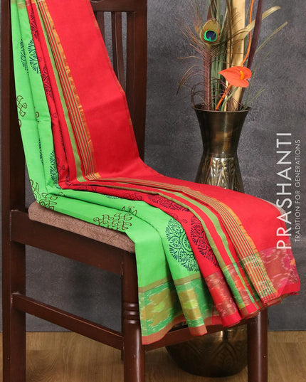 Semi silk cotton saree green and red with butta prints and ikat woven zari border - {{ collection.title }} by Prashanti Sarees