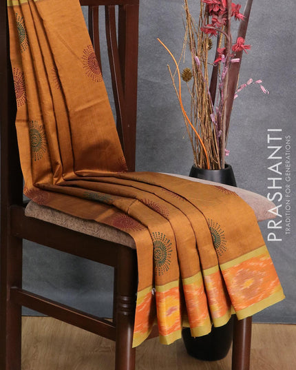 Semi silk cotton saree honey shade and light green with butta prints and ikat woven zari border - {{ collection.title }} by Prashanti Sarees